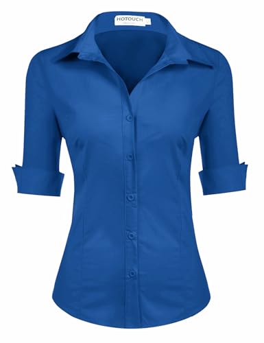 Hotouch Damen Bluse Elegant Kurzarm Hemd Sommer Baumwolle Business Blusen Slim Fit Frauen Shirts mit Knöpfen Basic Hemdbluse Casual Oberteile Top Dunkelblau XXL von Hotouch