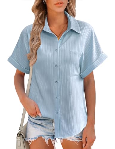 Hotouch Damen Bluse Elegant Kurzarm Hemdbluse Lose Blusenshirt V-Ausschnitt Modern Arbeit Oberteile Mit Knöpfen Hemd Büro Blusen Einfarbig Top Hellblau XL von Hotouch