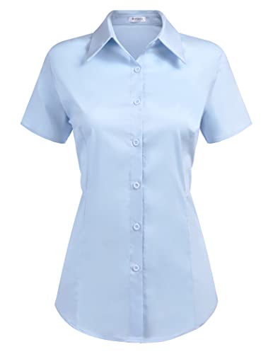 Hotouch Bluse Damen Sommer Elegant V-Ausschnitt Hemdbluse Button Down Blusen Tops Casual Kurzarm Hemd Basic Shirt 3/4 Ärmel Büroblusen Tunika Oberteile Hellblau XL von Hotouch