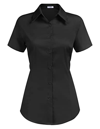 Hotouch Damen Bluse Elegant Kurzshirt Button Down Shirt Slim Fit Schicke Hemden V-Ausschnitt Top mit Knopfleiste Schwarz XL von Hotouch
