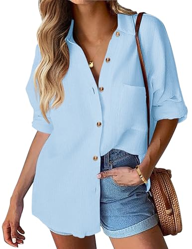 Hotouch Bluse Damen Lässiges Hemden Langarm Hemdbluse V-Ausschnitt Oberteile mit Knöpfen Casual Arbeit Shirt Lose Einfarbig Blusen Tops Blau M von Hotouch