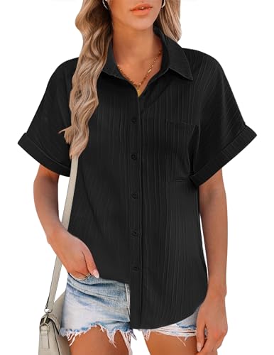 Hotouch Musselin Bluse Damen Elegant Oberteile Kurzarm Hemdbluse mit Tasche V-Ausschnitt Blusen Sommer Blusenshirt Schwarz M von Hotouch