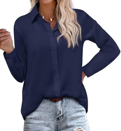 Hotouch Bluse Damen Langärmliges büro Shirt Sommer V-Ausschnitt Hemd Einfarbig Modern Oberteile Button-Down Lässige Basic Tops Navy S-XXL von Hotouch