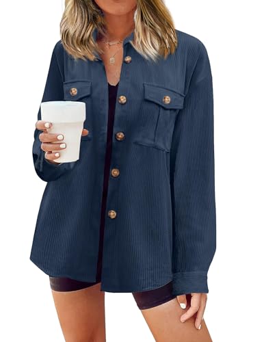 Hotouch Damen Bluse Hemden mit Knöpfen Casual Cordhemden Langarm Shirt V-Ausschnitt Longshirt Elegant Trachtenbluse Weich Freizeithemd Bequem Hemdjacke Frühling Dunkelblau S von Hotouch