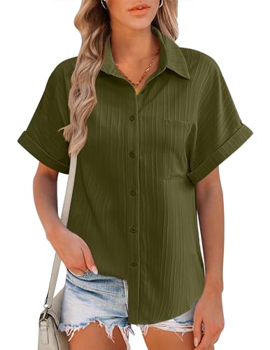 Hotouch Damen Bluse Mit Kragen Kurzarm Hemdbluse Elegant Blusenshirt Casual Arbeit Oberteile Mit Knöpfen Hemd Büro V-Ausschnitt Blusen Einfarbig Top Grün M von Hotouch