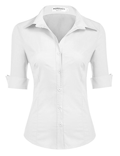 Hotouch Weiße Bluse Damen 100% Baumwolle Taillierte Hemd 3/4 Ärmel Basichemd V Ausschnitt Oberteile Frauen Business Tops Weiß S von Hotouch