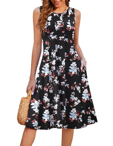 Hotouch Damen Boho Sommerkleider Jerseykleid Sommer Elegant Kleid Falten Leicht Strandkleider Rundhals Midikleid Mit Taschen Muster 104 XL von Hotouch