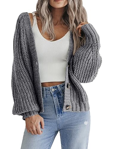 Hotouch Damen Cardigan Langarm Gestrickte Jacke mit Knopf Elegant Casual Schulterjacke Vorderseite Dunkelgrau Strickmantel M von Hotouch