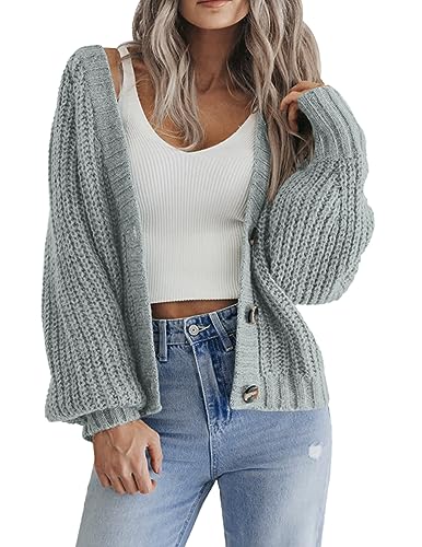 Hotouch Damen Cardigan Langarm V-Ausschnitt Strickjacke Kurz Grobstrick Jacke mit Knopf Elegant Casual Hellgrün Pullover Oberteil XXL von Hotouch