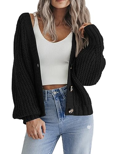 Hotouch Damen Cardigan Schwarz Kurz Solid Langarm Strickcardigan mit Knopf Kuschelig und Weich Pullover für Frühling Hersbt Winter XXL von Hotouch