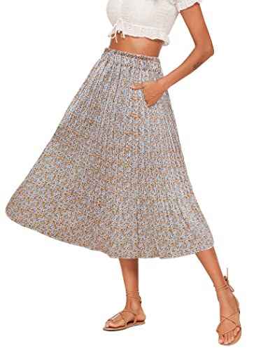 Hotouch Damen Midi Rock Elastische Taille Plisseerock Lang Elegante Blumen Sommerrock Maxi Chiffon Röcke mit Taschen Gelb Blume Größe XL von Hotouch