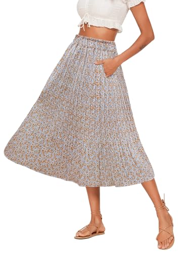 Hotouch Damen Maxirock Lang Chiffon Rock Sommer Elegante Blumen Midirock Fließenden Elastische Taille Plisseerock mit Taschen Gelb Blume Größe XXL von Hotouch