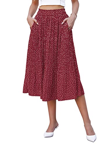 Hotouch Damen Faltenrock Polka Dot Elastische Taille Midirock Sommer Chiffon Midi Rock Swing Elegant Rot Plisseerock mit Taschen Größe M von Hotouch