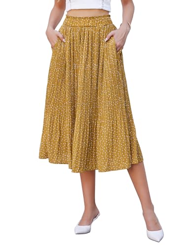 Hotouch Damen Faltenrock Polka Dot Elastische Taille Plisseerock Sommer Chiffon Midi Rock Swing Elegant Gelb Midirock mit Taschen Größe M von Hotouch