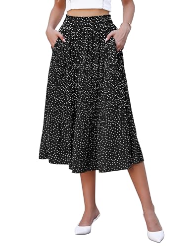 Hotouch Damen Plisseerock Lang Schwarz Elegant Polka Dot Chiffon Rock Elastische Taille Maxirock Leicht Swing Sommer Midirock mit Taschen Größe XL von Hotouch