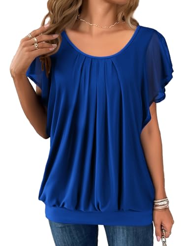 Hotouch Damen Fledermaus Shirt Sommer Flatter Kurzarm Bluse Elegant Falten Flowy Oberteile Doppellagig Sommerbluse von Hotouch