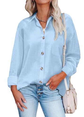 Hotouch Bluse Blau Damen Hemd Langarmshirt mit Knöpfen für Frühling Arbeit Orberteil Himmelblau S von Hotouch