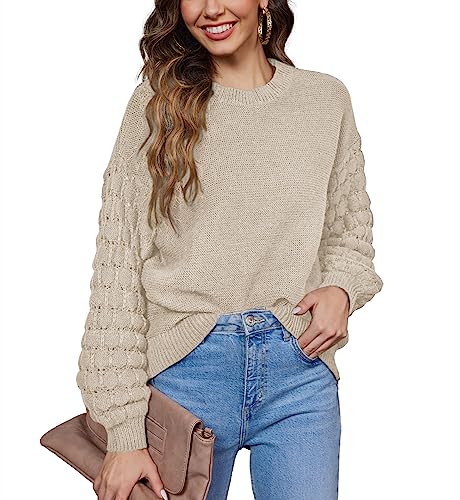 Hotouch Damen Sweater Rundhals Strickpullover Breite Ärmel Sweater Gestrickt Oberteil für Herbst Winter Elegant Casual Pullover Haferweiß XXL von Hotouch