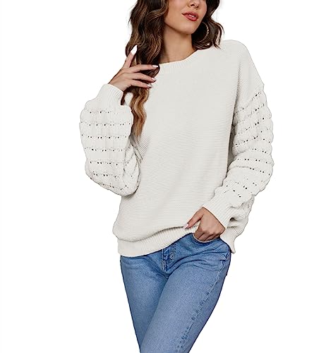 Hotouch Damen Pullover Einfarbig Sweater Puffärmel Elegant Oberteile Drop Shoulder Sweatshirt Winter Casual Lose Pullover für Frauen Weiß XXL von Hotouch