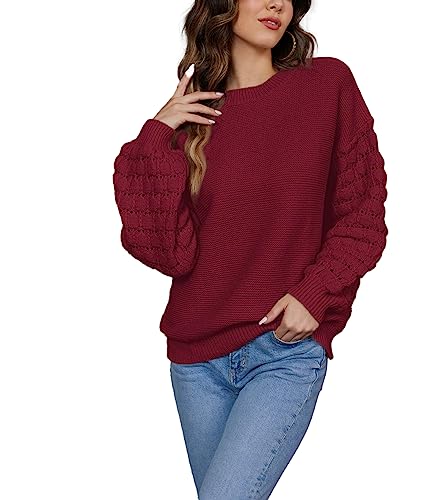 Hotouch Damen Langarmshirt Lose Winter Sweater Elegant Freizeit Pullover für Frauen Breite Ärmel Rundhals Oberteile Tops Rot XXL von Hotouch