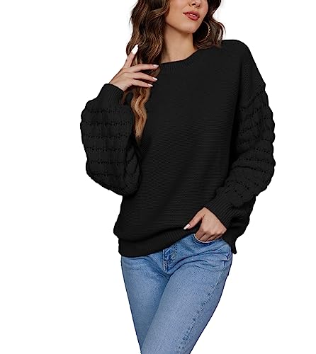 Hotouch Damen Pullover Einfarbig Sweater Puffärmel Elegant Oberteile Drop Shoulder Sweatshirt Winter Casual Lose Pullover für Frauen Schwarz M von Hotouch