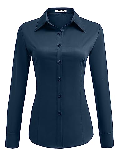 Hotouch Damen Hemd Langarm Klasse Bluse zum Knopfen weich Shirt V Ausschnitt Classic fit Poplin Shirt Beruf Navyblau,XL von Hotouch