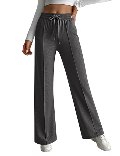 Hotouch Damen Hose Baggy Jogginghose High Waist Sweatpants Weites Bein Freizeithose Stoffhose mit Taschen Casual Wide Leg Hose Sweathose mit Elastischem Bund Dunkelgrau M von Hotouch