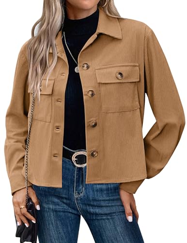 Hotouch Damen Jacke Kurz Cordjacke mit Knöpfen Winter Herbst Outwear Shacket Jacke Leicht Blouson Jacken Khaki L von Hotouch