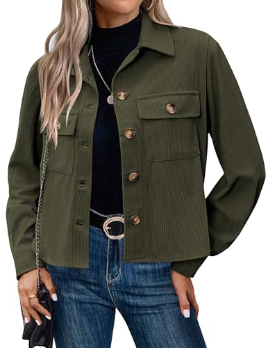 Hotouch Damen Jacke Langarm Leichte Herbstjacke Elegant Button Down Blouson Jacke Herbst Kurzjacke Cordhemd Grün S von Hotouch