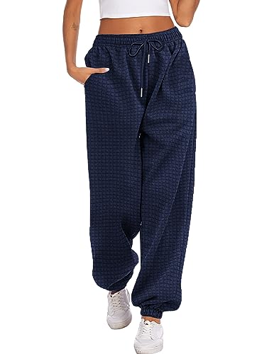 Hotouch Damen Jogginghose Lang Joggerhose mit hoher Taille Sweatpants Kordelzug Waffle Muster Trainingshose Navy Blau S von Hotouch