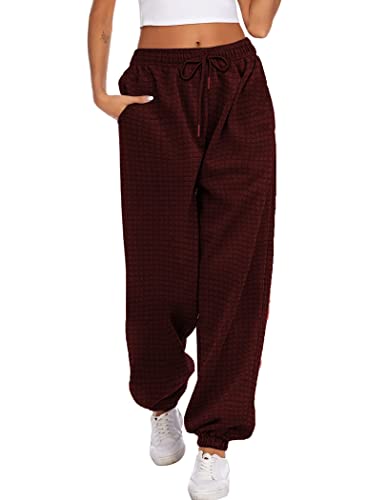 Hotouch Warme Jogginghose Damen Winter High Waist Kordelzug Freizeithose Waffle Sweatpants Baggy Lang Hose mit Taschen Rot S von Hotouch