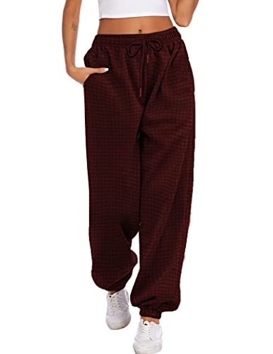 Hotouch Damen Jogginghose Lang Joggerhose mit hoher Taille Sweatpants Kordelzug Waffle Muster Trainingshose Rot S von Hotouch