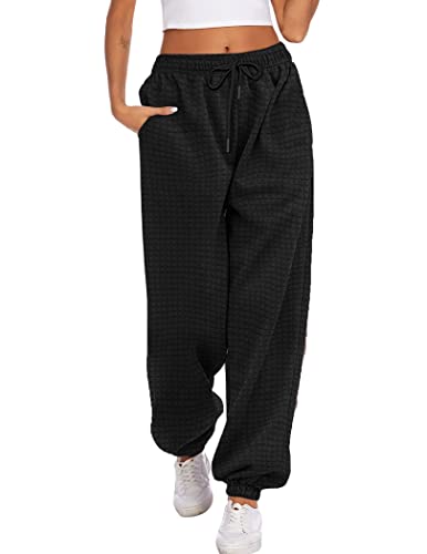 Hotouch Damen Jogginghose Lang Joggerhose mit hoher Taille Sweatpants Kordelzug Waffle Muster Trainingshose Schwarz S von Hotouch