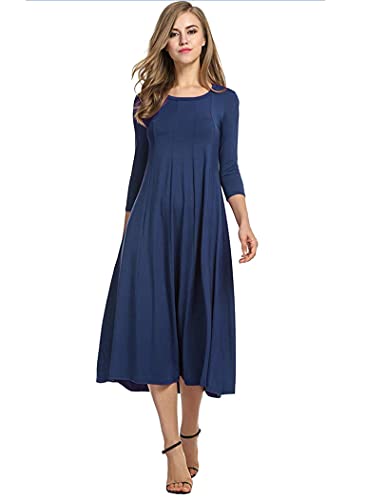 Hotouch Damen Kleider Elegant Tunika Kleid Rundhals Freizeitkleider 3/4 Ärmel A-Linie Kleid mit Taschen Midikleid Navy blau S von Hotouch