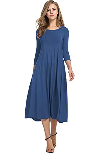Hotouch Damen Kleider Elegant Tunika Kleid Rundhals Freizeitkleider 3/4 Ärmel A-Linie Kleid mit Taschen Midikleid Blau S von Hotouch
