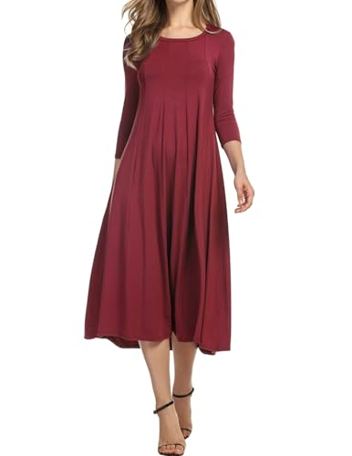 Hotouch Damen Kleider Elegant Tunika Kleid Rundhals Freizeitkleider 3/4 Ärmel A-Linie Kleid mit Taschen Midikleid Weinrot L von Hotouch