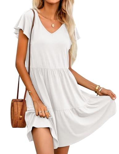 Hotouch Damen Kleid V Ausschnitt Kurzarm Einfarbig Sommerkleid Freizeitkleid Strand Knielanges Dress A-Linie Gestuftes Kleider mit Tasche Weiß XXL von Hotouch