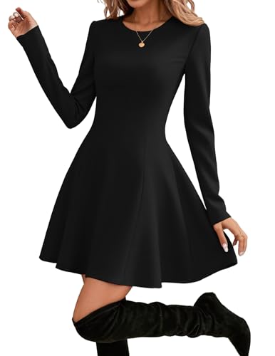 Hotouch Damen Kleider Elegant Langarm Herbst Kleid Rundhals A-Line Einfarbig Freizeitkleider Minikleid Festliches Kleid XS-XXL von Hotouch