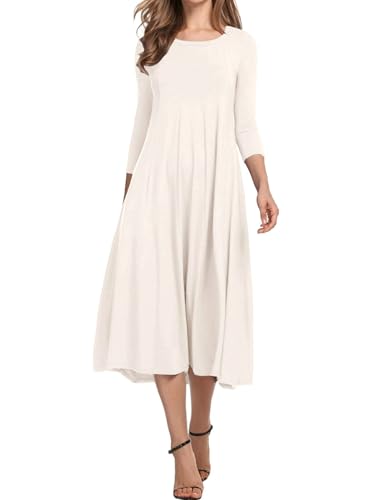 Hotouch Damen Kleider Elegant Rundhals Freizeitkleid Tunika Kleid 3/4 Ärmel A-Linie Kleid Klassiker Maxikleid Weiß XL von Hotouch