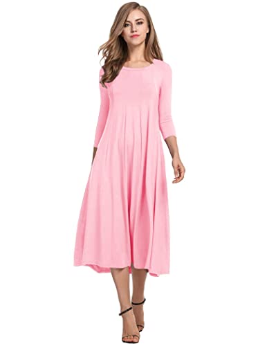 Hotouch Damen Kleider Elegant Tunika Kleid Rundhals Freizeitkleider 3/4 Ärmel A-Linie Kleid mit Taschen Midikleid Rosa XXL von Hotouch