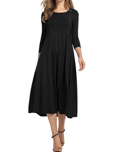 Hotouch Damen Kleider Elegant Tunika Kleid Rundhals Freizeitkleider 3/4 Ärmel A-Linie Kleid mit Taschen Midikleid Schwarz XXL von Hotouch