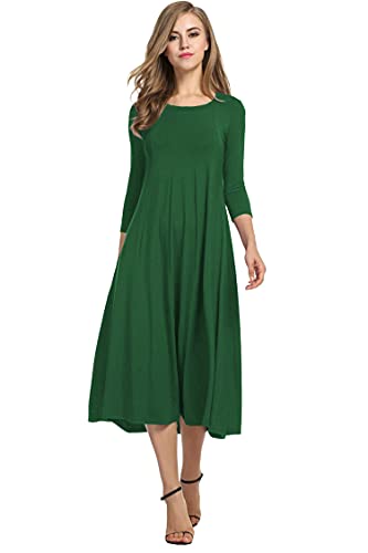 Hotouch Damen Kleider Elegant Rundhals Freizeitkleider 3/4 Ärmel A-Linie Kleid Klassiker Midikleid Tunikakleid mit Taschen Weiß XXL von Hotouch