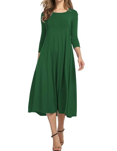 Hotouch Damen Kleider Elegant Tunika Kleid Rundhals Freizeitkleider 3/4 Ärmel A-Linie Kleid mit Taschen Midikleid Grün XL von Hotouch