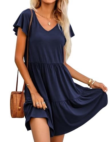 Hotouch Damen Kleider Freizeit Einfarbig Sommerkleid V-Ausschnitt Rüschen Knielanges Kleid Lose Kurzarm Strandkleid A-Linie Gestuftes Kleider mit Tasche Navy blau S von Hotouch