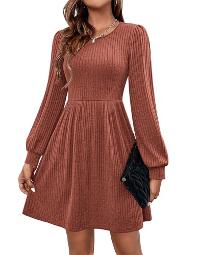 Hotouch Herbst Kleider Damen Strickkleid Langarm Kleid Rundhals Herbstkleid Puff Leicht Winterkleid A Linie Pulloverkleid Knielang Freizeitkleid mit Taschen Karamell L von Hotouch