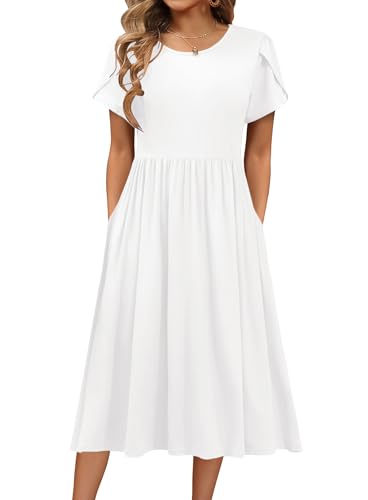 Hotouch Damen Kleider Rundhals Kurzarm Strandkleid Einfarbig Elegant Sommerkleid Freizeitkleid Strand Midi Dress A-Linie Kleider mit Tasche Weiß M von Hotouch