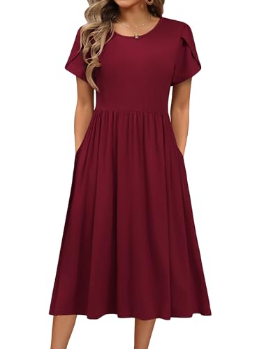 Hotouch Damen Kleider Sommer Sommerkleider Midi Kurzarm Rundhals Strandkleid mit Taschen A Linie Freizeitkleid Weinrot XXL von Hotouch