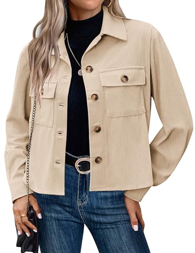 Hotouch Damen Kurze Jacke mit Knopfleiste Casual Locker Blouson Langarm Hemdjacke Herbstjacke Outwear Übergangsjacke Beige L Hotouch Damen Kurze Jacke mit Knopfleiste Casual Locker Blouson Langarm Hemdjacke Herbstjacke Outwear Übergangsjacke Beige L von Hotouch