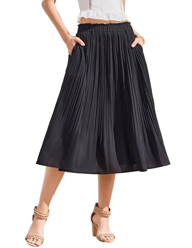 Hotouch Damen Lässig Chiffon Elastisch Taille Eine Linie Falten Schwarz Midirock mit Tasche L von Hotouch