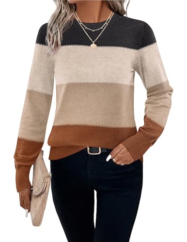 Hotouch Damen Langarm Strickpulli Rundhals Farbblock Pullover Casual Herbst Winterpullover Mode Regular Fit Knit Sweater Farbblock XXL von Hotouch